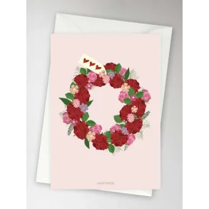 Vissevasse kort - krans med roser & hjerter, 10,5x15 cm. I foliepose med kuvert