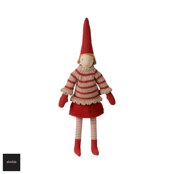 Maileg nissepige str. 2 /2026 -  31 cm. - strik bluse med blondekant &amp; r�d strik nederdel - KOMMER SNART