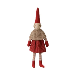 Maileg nissepige str. 2 /2026 -  31 cm. - strik kl�de & r�d stribet nederdel - KOMMER SNART