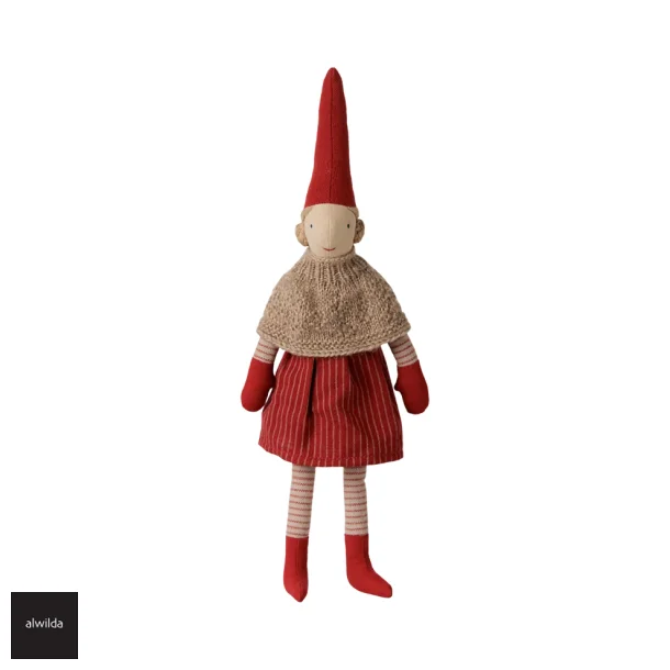 Maileg nissepige str. 2 /2026 -  31 cm. - strik kl�de &amp; r�d stribet nederdel - KOMMER SNART