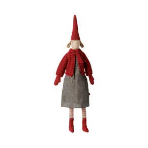 Maileg nissepige str. 4 /2026 - pige 61 cm. - r�d strik cardigan & nederdel - KOMMER SNART