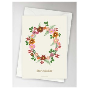 Vissevasse kort - stort tillykke/blomster i cirkel, 10,5x15 cm. i foliepose med kuvert