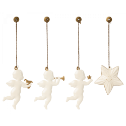 Juleoph�ng Engle &amp; stjerne i metal, 13 cm. s�t med 4, pakket i smuk "o holy night" �ske