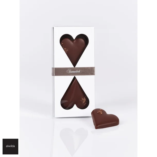 Summerbird - kologiske marcipanhjerter, 2 stk. med mrk chokolade i gaveske 