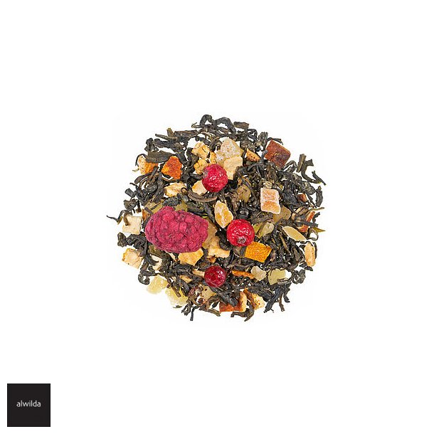 Grn te iblandet hindbr, solbr, kandiserede papaya, ananas &amp; mango samt orange