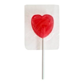 hjerte slikpinde med frugt eller colasmag. Vlg mellem fire forskellige farver.