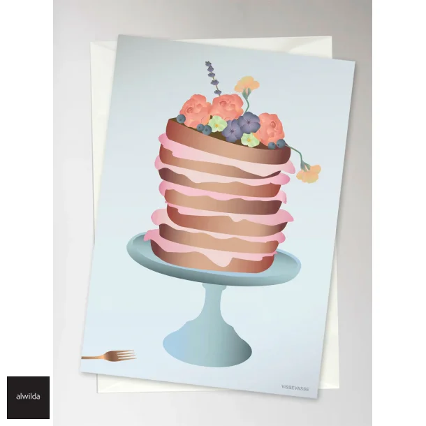 Vissevasse kort - kage med blomster, 10,5x15 cm. i foliepose med kuvert