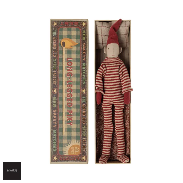 Langbenet nisse med magnet i hnderne, kommer i tndstikkeske - 34 cm.