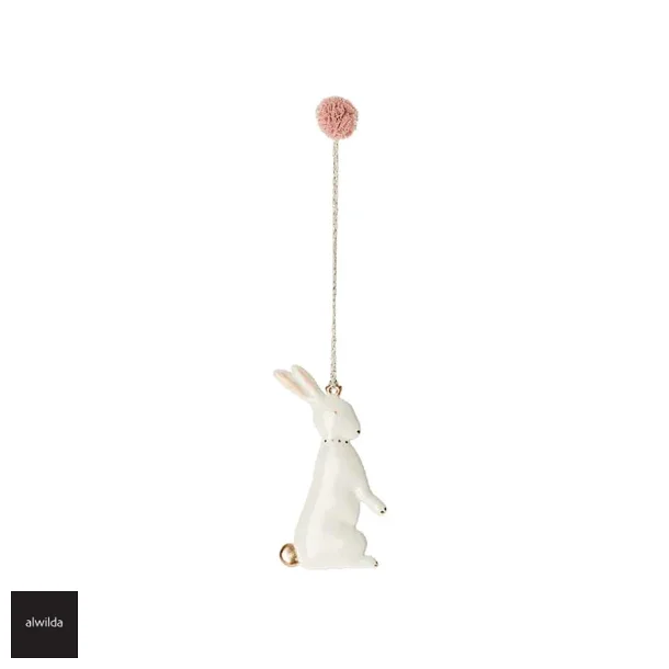 Lille metal kanin til ophng - lille lyserd pompon, 8x4 cm., no. 2