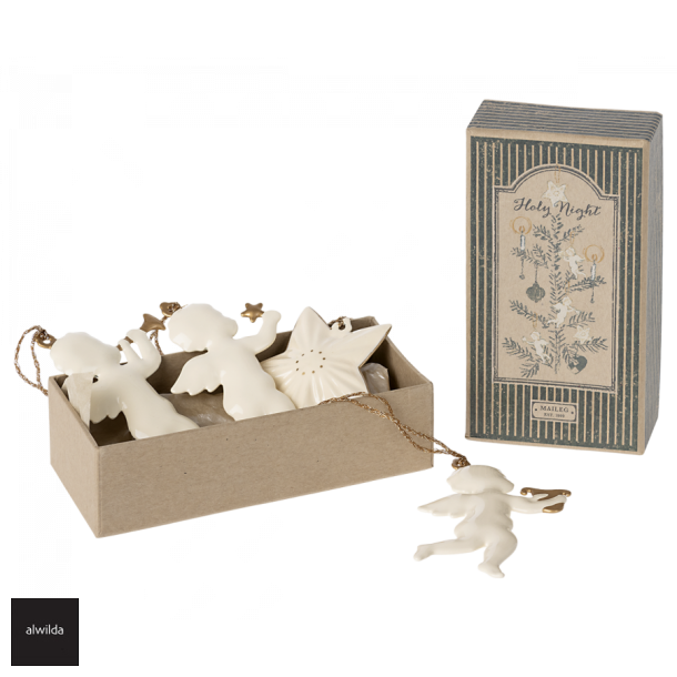 Juleoph�ng Engle &amp; stjerne i metal, 13 cm. s�t med 4, pakket i smuk "o holy night" �ske