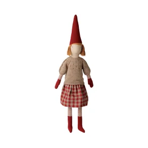 Maileg, Pixy Nissepige str. 5 /2026 -  84 cm. - strik bluse med hulm�nster & ternet nederdel - KOMMER SNART