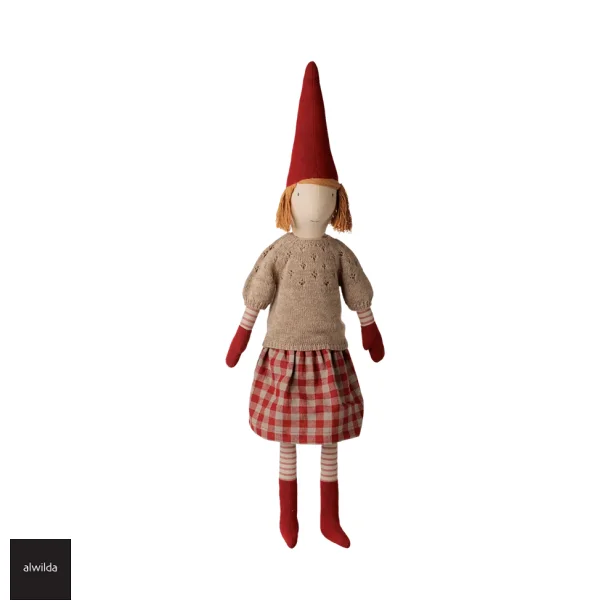 Maileg, Pixy Nissepige str. 5 /2026 -  84 cm. - strik bluse med hulm�nster &amp; ternet nederdel - KOMMER SNART