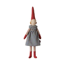 Maileg nissepige MAGNET str. 1 /2026 -  26 cm. - bl� &amp; hvidternet kjole- KOMMER SNART